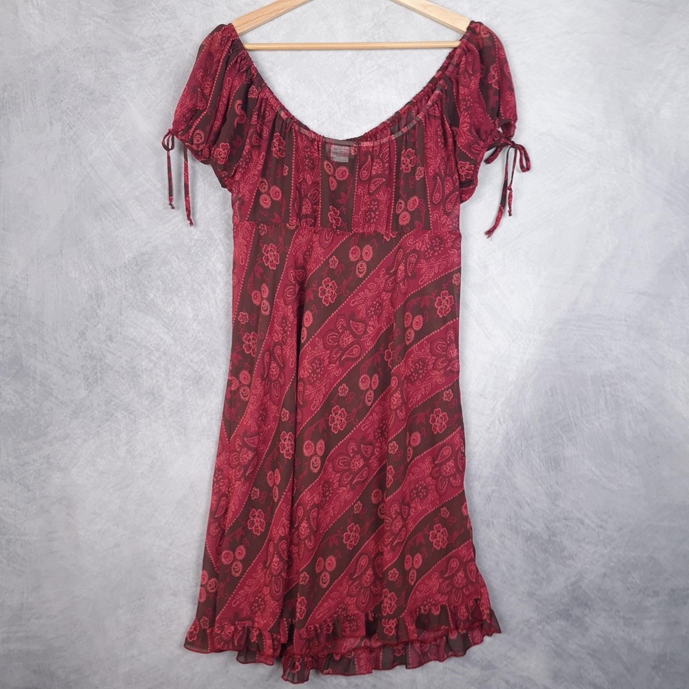 Vntg Whimsy Fairy Dress Womens Large Red Paisley Chiffon Sheer Babydoll Grunge - Picture 10 of 16
